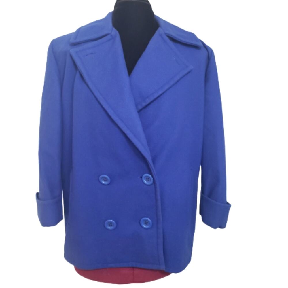 Maryon Vintage Double Breasted Pockets 3/4 Sleeve Blue Wool‎ Coat Plus Size 14